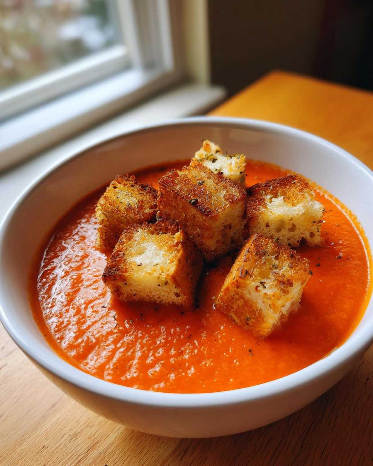 A close-up of vibrant orange Roasted Tomato Basil Soup topped with golden Grilled Cheese Croutons in a white bowl.