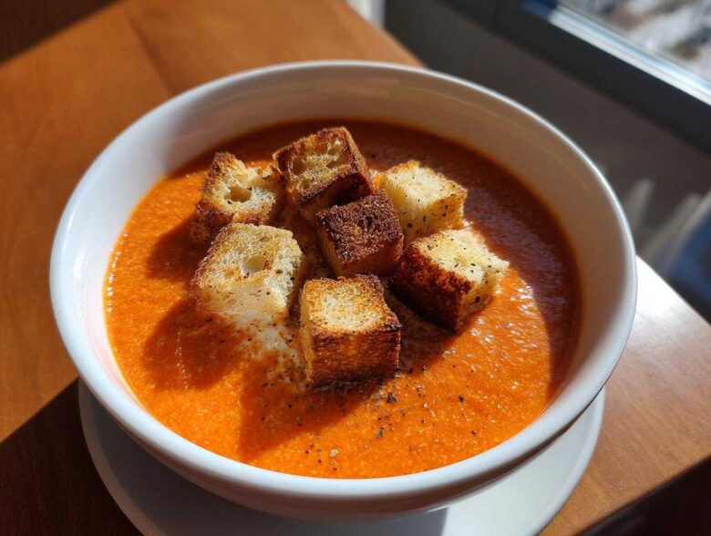 A white bowl filled with vibrant orange Roasted Tomato Basil Soup, topped with golden grilled cheese croutons and cracked black pepper.