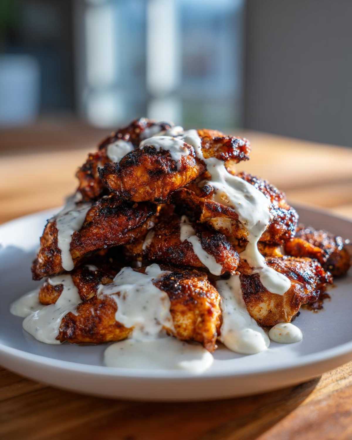 Pile of seasoned Sheet Pan Chicken Shawarma pieces drizzled generously with white garlic yogurt sauce.