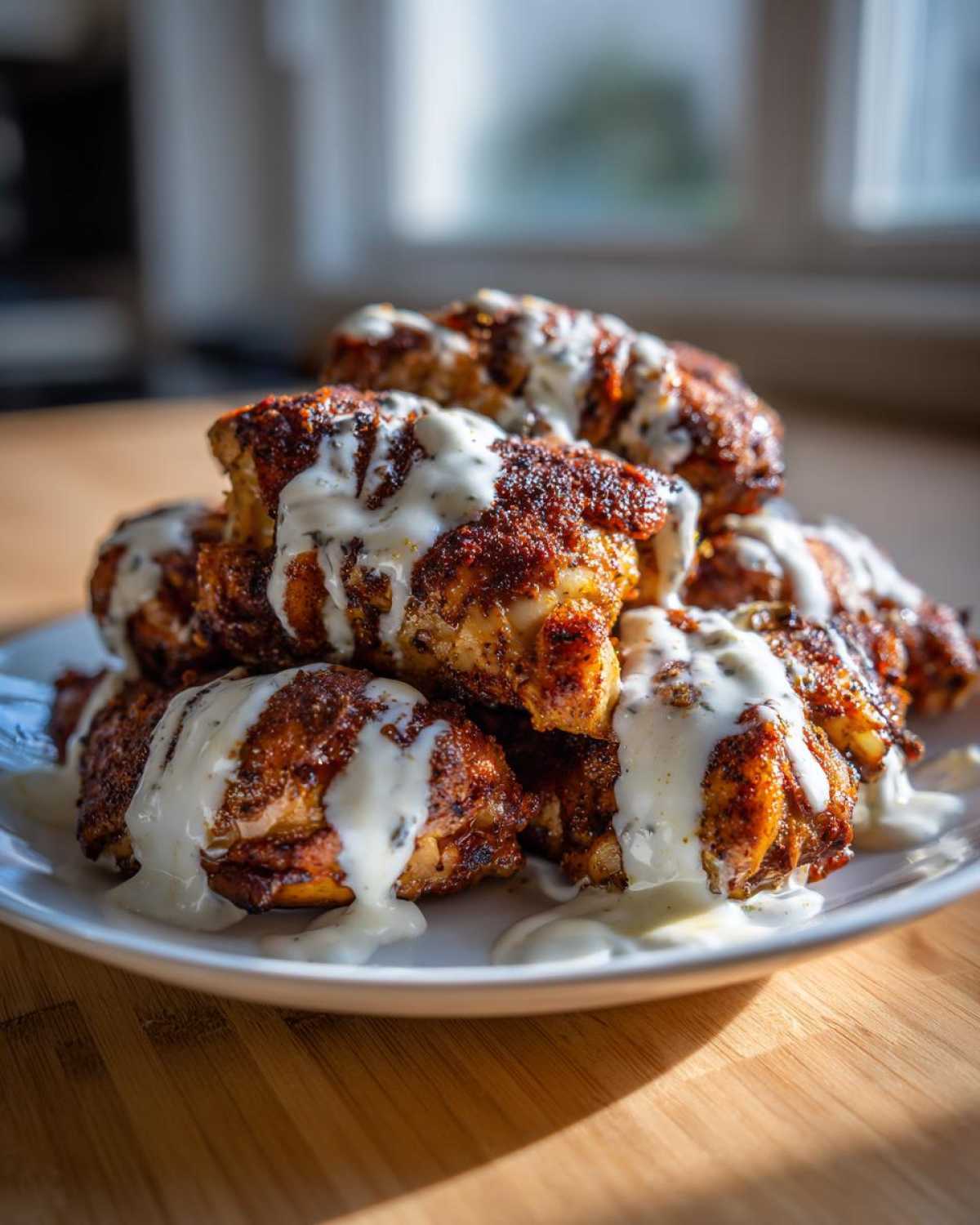 Pile of seasoned Sheet Pan Chicken Shawarma pieces drizzled generously with garlic yogurt sauce.