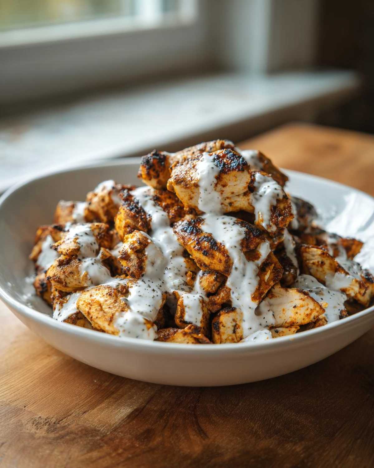 Close-up of seasoned Sheet Pan Chicken Shawarma pieces topped generously with creamy garlic yogurt sauce.
