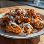 Close-up of seasoned Sheet Pan Chicken Shawarma pieces drizzled generously with white garlic yogurt sauce.