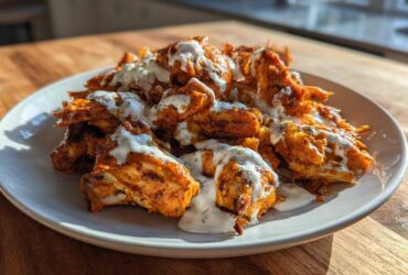 Close-up of seasoned Sheet Pan Chicken Shawarma pieces drizzled generously with white garlic yogurt sauce.