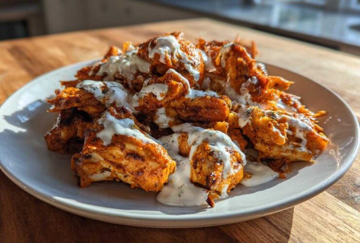 Close-up of seasoned Sheet Pan Chicken Shawarma pieces drizzled generously with white garlic yogurt sauce.