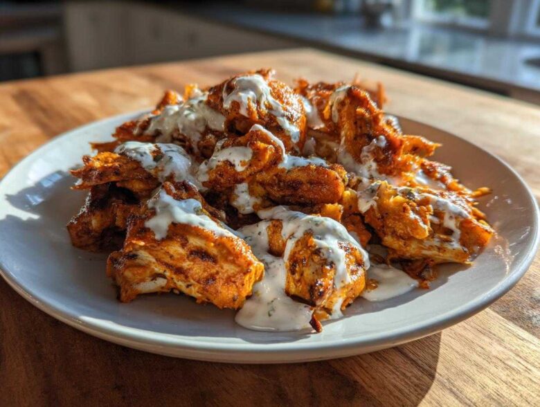 Close-up of seasoned Sheet Pan Chicken Shawarma pieces drizzled generously with white garlic yogurt sauce.