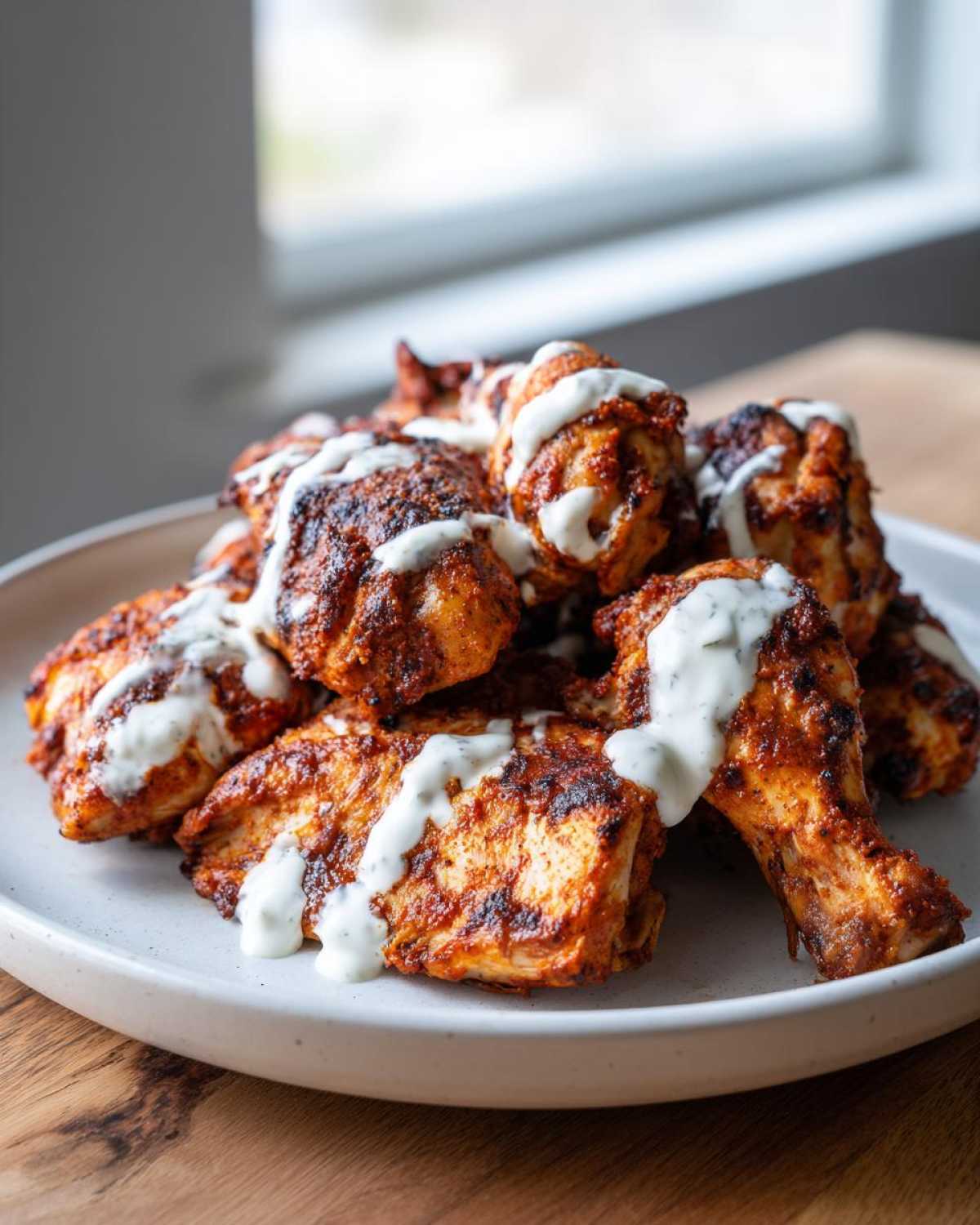 A plate of seasoned Sheet Pan Chicken Shawarma pieces generously drizzled with white garlic yogurt sauce.