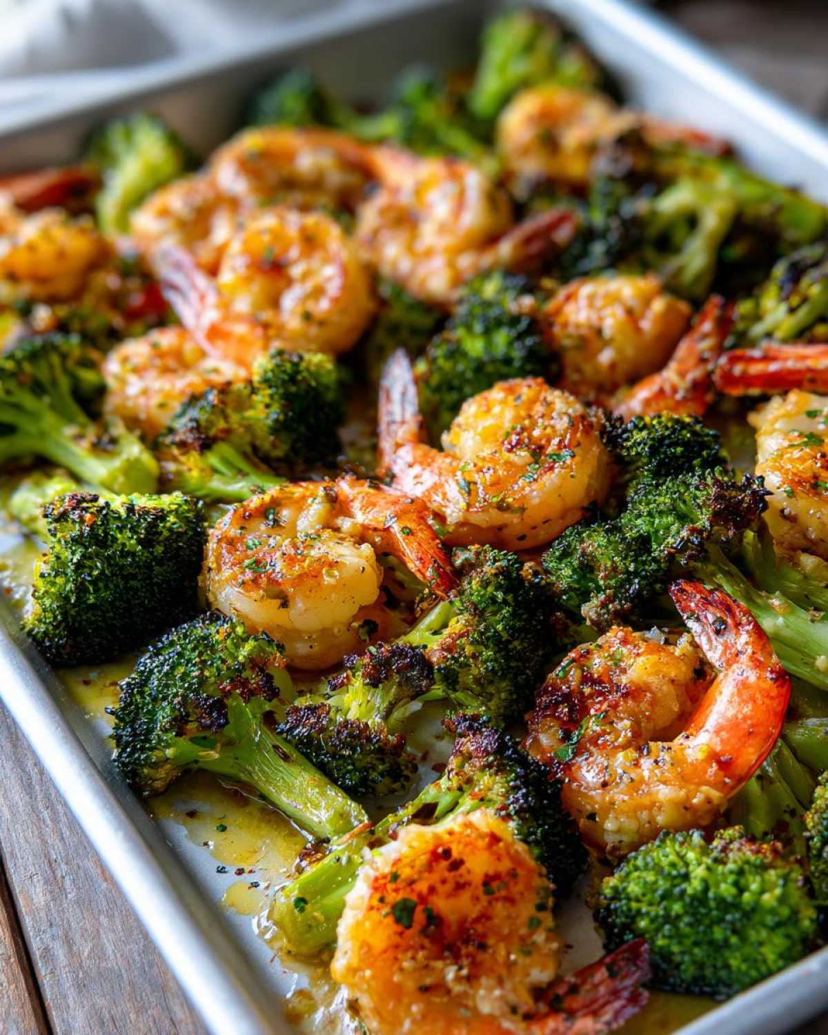 Close-up of Sheet Pan Garlic Butter Shrimp and Broccoli roasted together on a metal baking sheet.