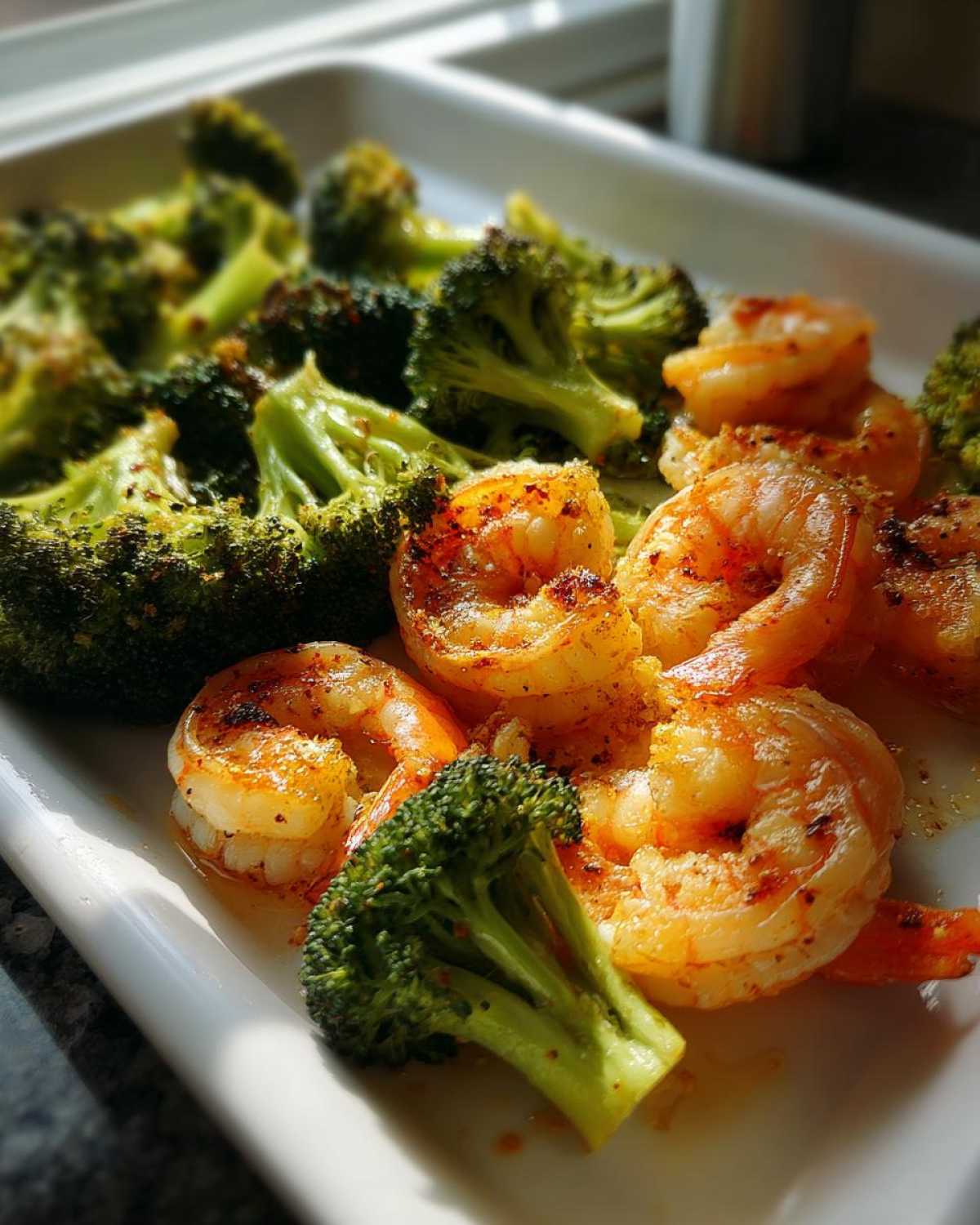 Close-up of cooked shrimp and roasted broccoli florets seasoned with garlic butter.