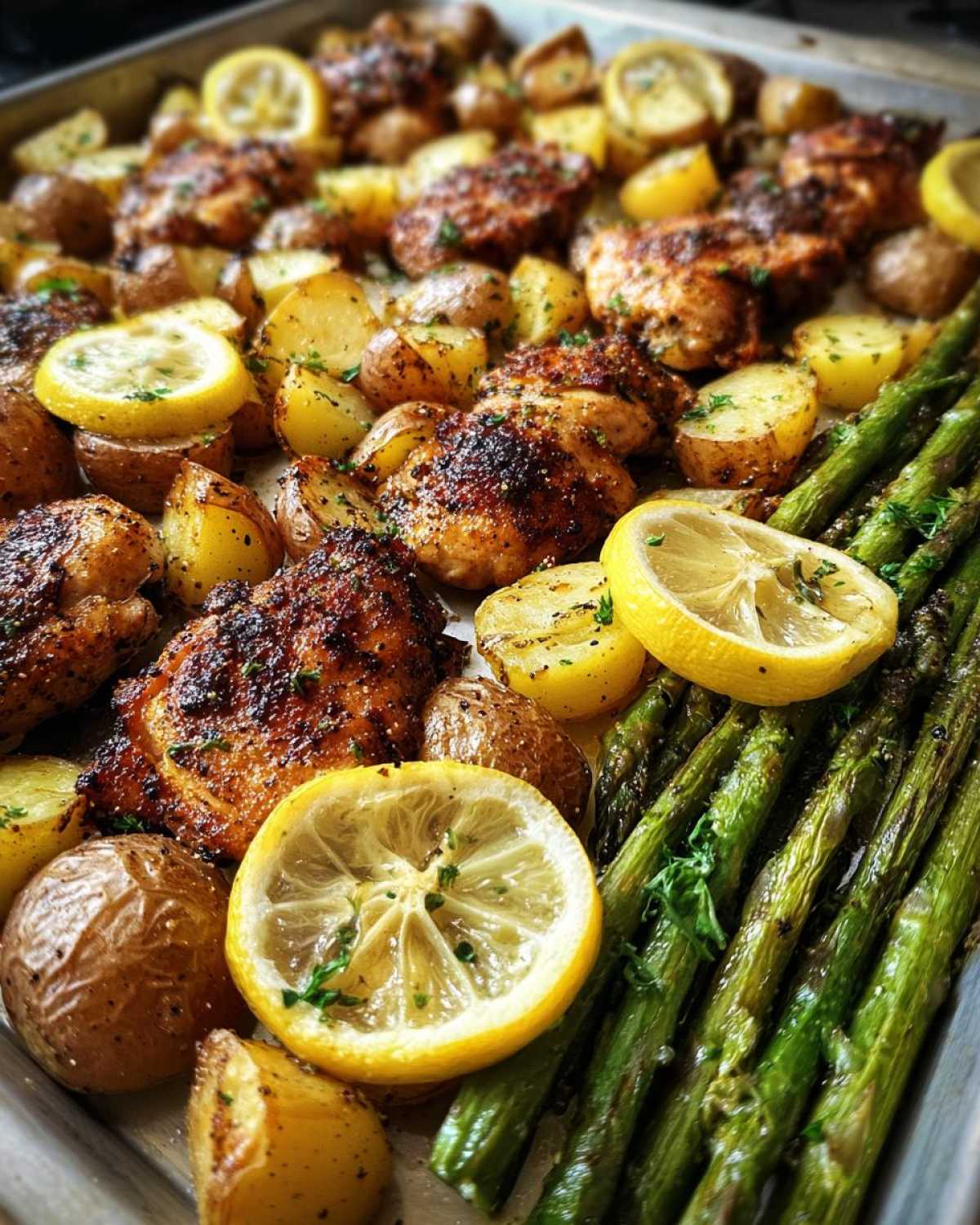 Close-up of Sheet Pan Lemon Pepper Chicken and Potatoes with roasted asparagus and lemon slices.