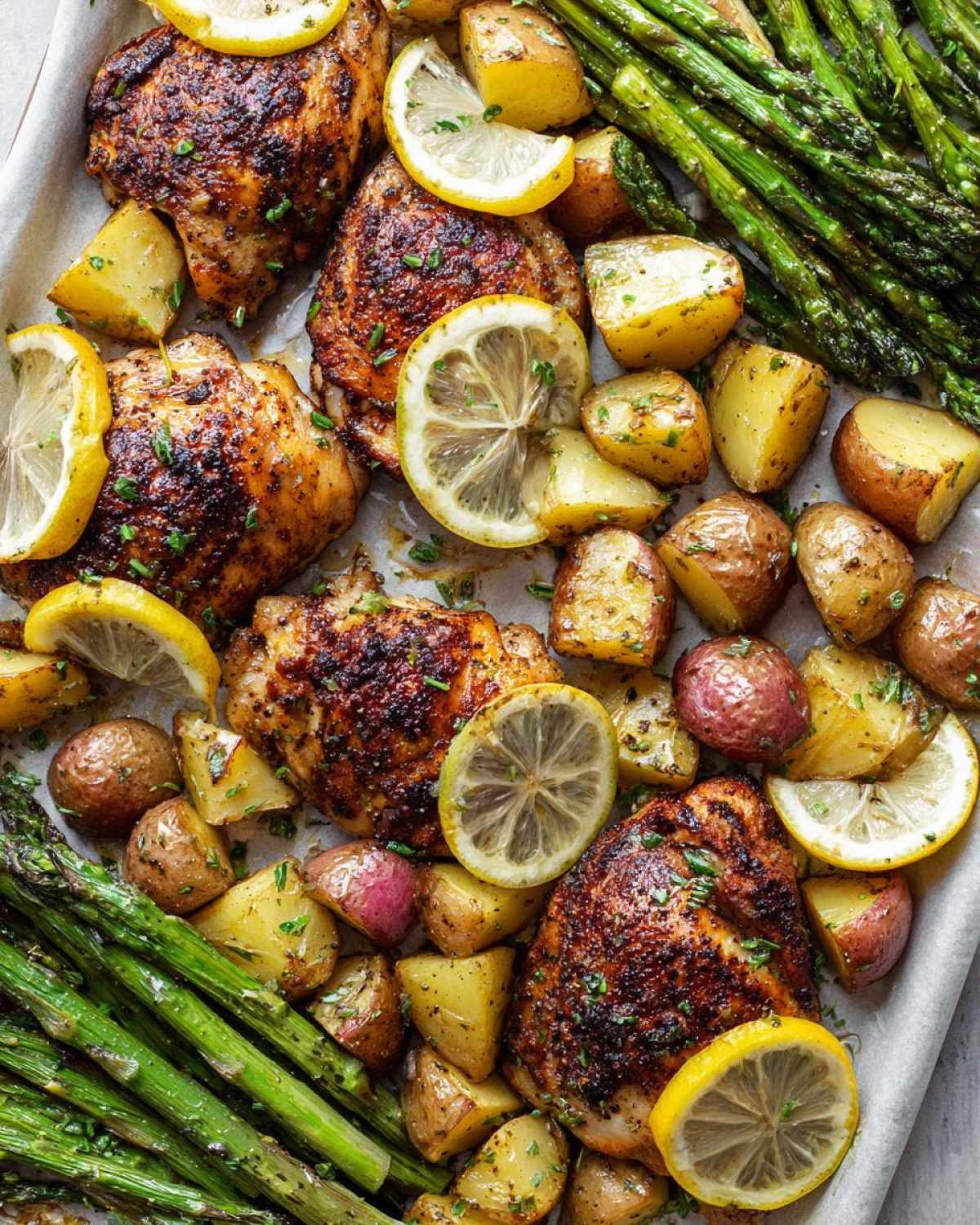 Overhead view of Sheet Pan Lemon Pepper Chicken and Potatoes with asparagus and lemon slices.
