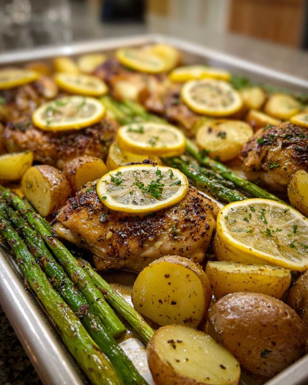 Close-up of Sheet Pan Lemon Pepper Chicken and Potatoes with asparagus and lemon slices.