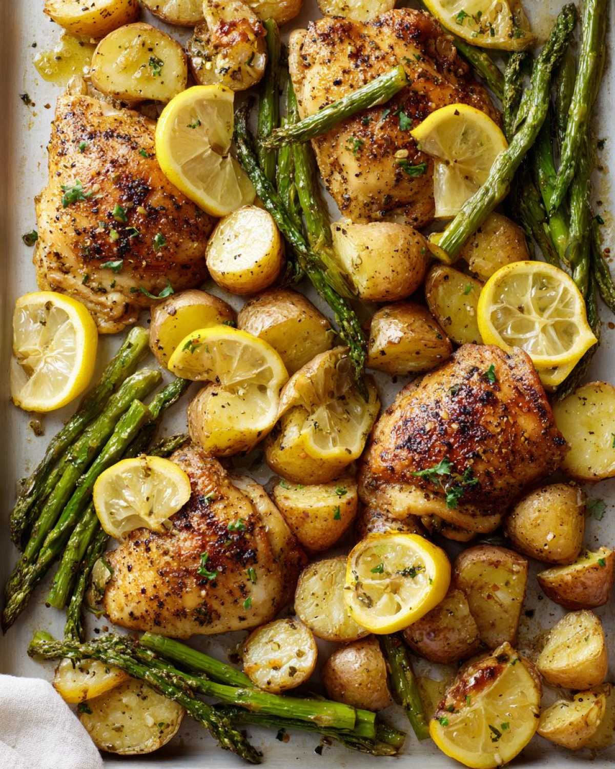 Close-up of Sheet Pan Lemon Pepper Chicken and Potatoes with asparagus and lemon slices.