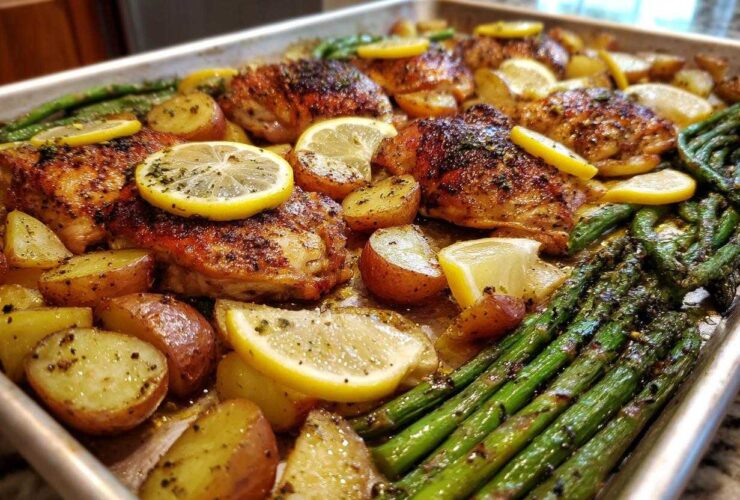 A full sheet pan of Sheet Pan Lemon Pepper Chicken and Potatoes with asparagus and lemon slices.