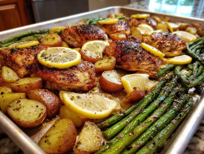 A full sheet pan of Sheet Pan Lemon Pepper Chicken and Potatoes with asparagus and lemon slices.