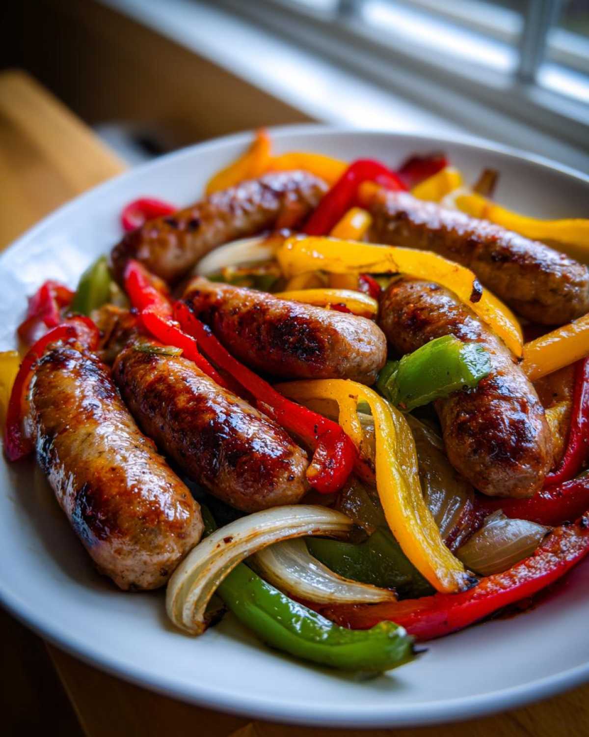 Close-up of browned sausages mixed with roasted red, yellow, and green bell peppers and onions from Sheet Pan Sausage and Peppers.
