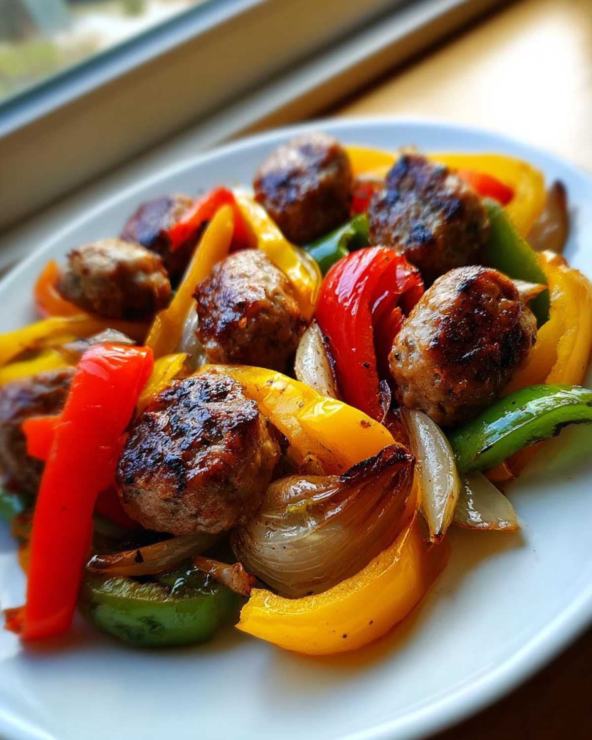 Close-up of browned sausage pieces mixed with roasted red, yellow, and green peppers and onions from Sheet Pan Sausage and Peppers.