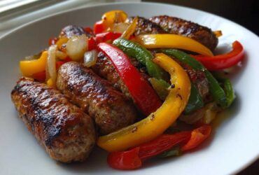 Close-up of browned sausages served with colorful roasted peppers and onions from Sheet Pan Sausage and Peppers.