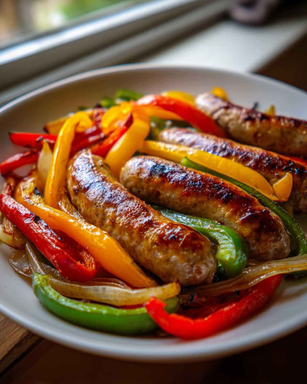Close-up of cooked sausages mixed with vibrant red, yellow, and green peppers and onions from Sheet Pan Sausage and Peppers.