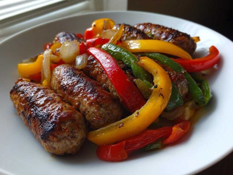Close-up of browned sausages served with colorful roasted peppers and onions from Sheet Pan Sausage and Peppers.