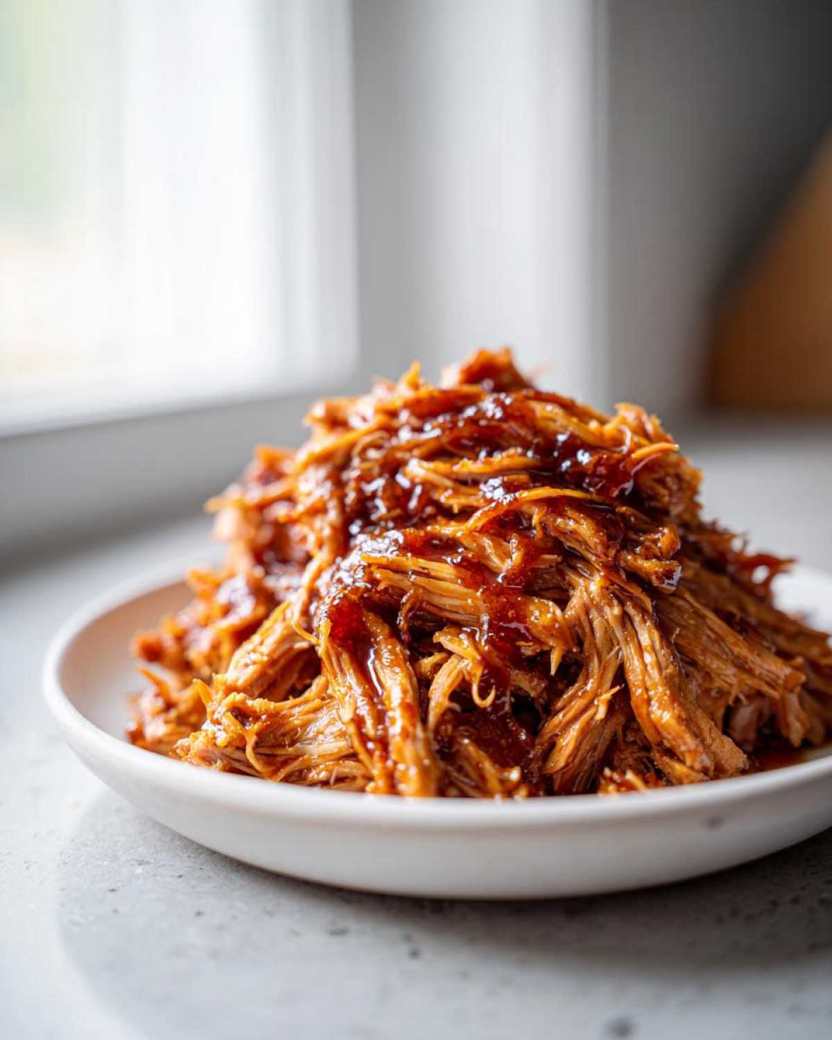 Close-up of tender Slow Cooker Honey Garlic Pulled Pork piled high on a white plate.