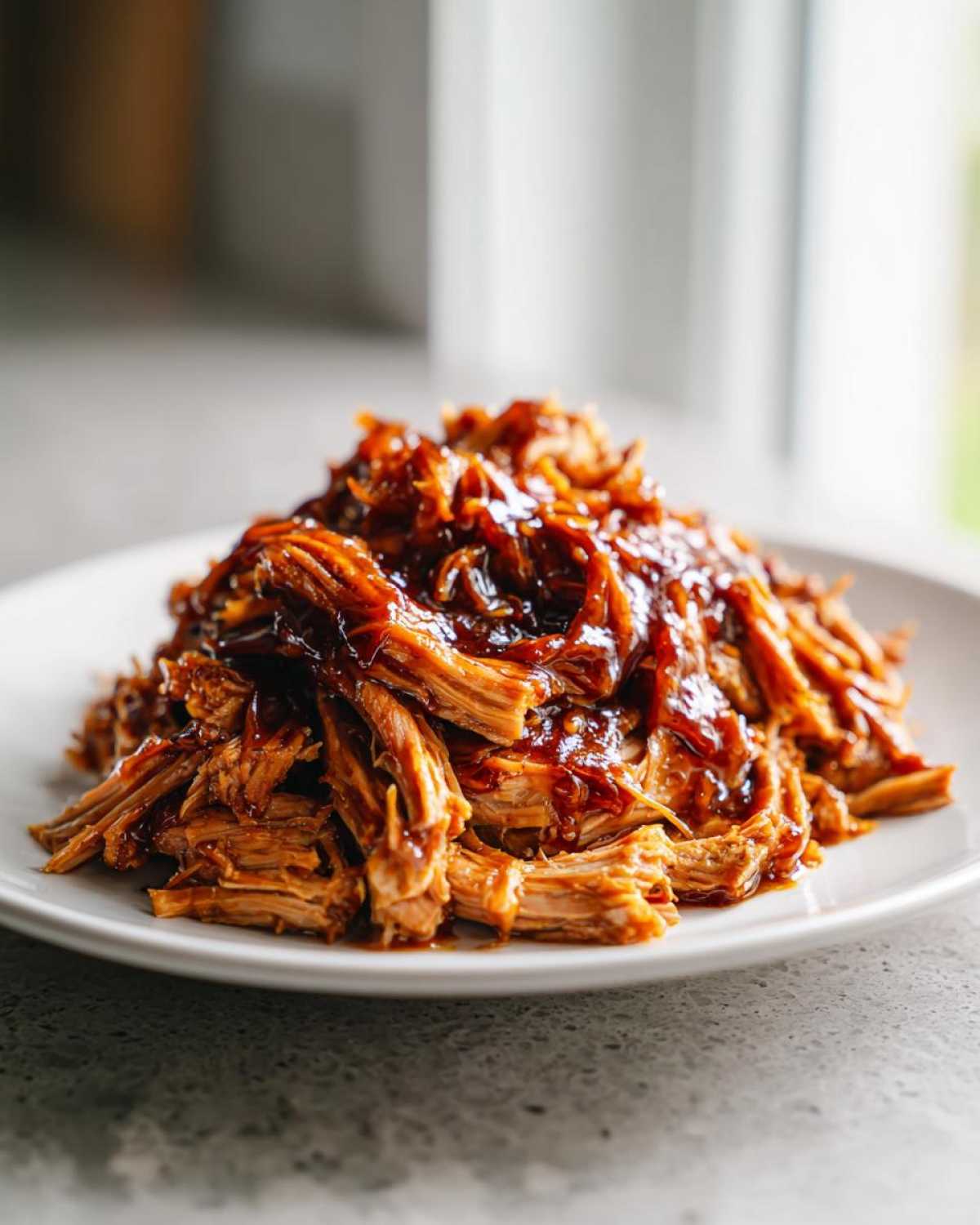 A close-up of shredded Slow Cooker Honey Garlic Pulled Pork piled high on a white plate, glistening with sauce.