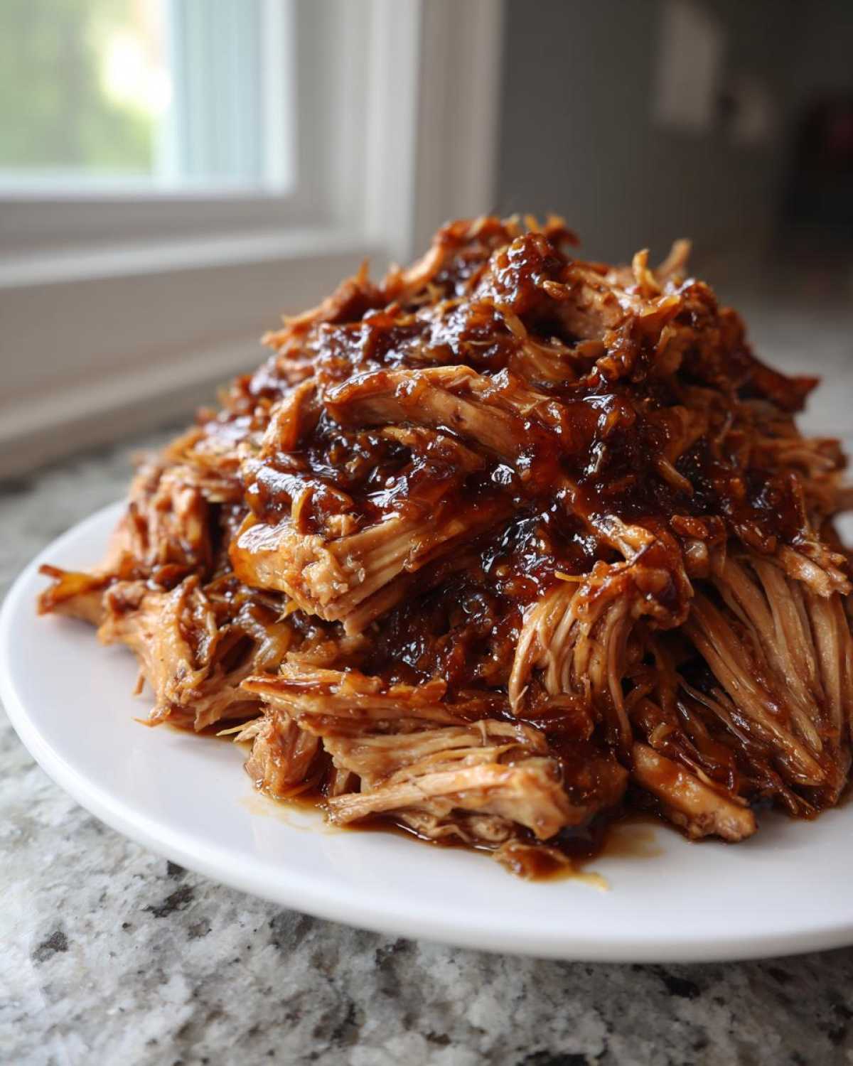 A close-up of shredded pork piled high on a white plate, coated in thick, glossy sauce from the Slow Cooker Honey Garlic Pulled Pork.