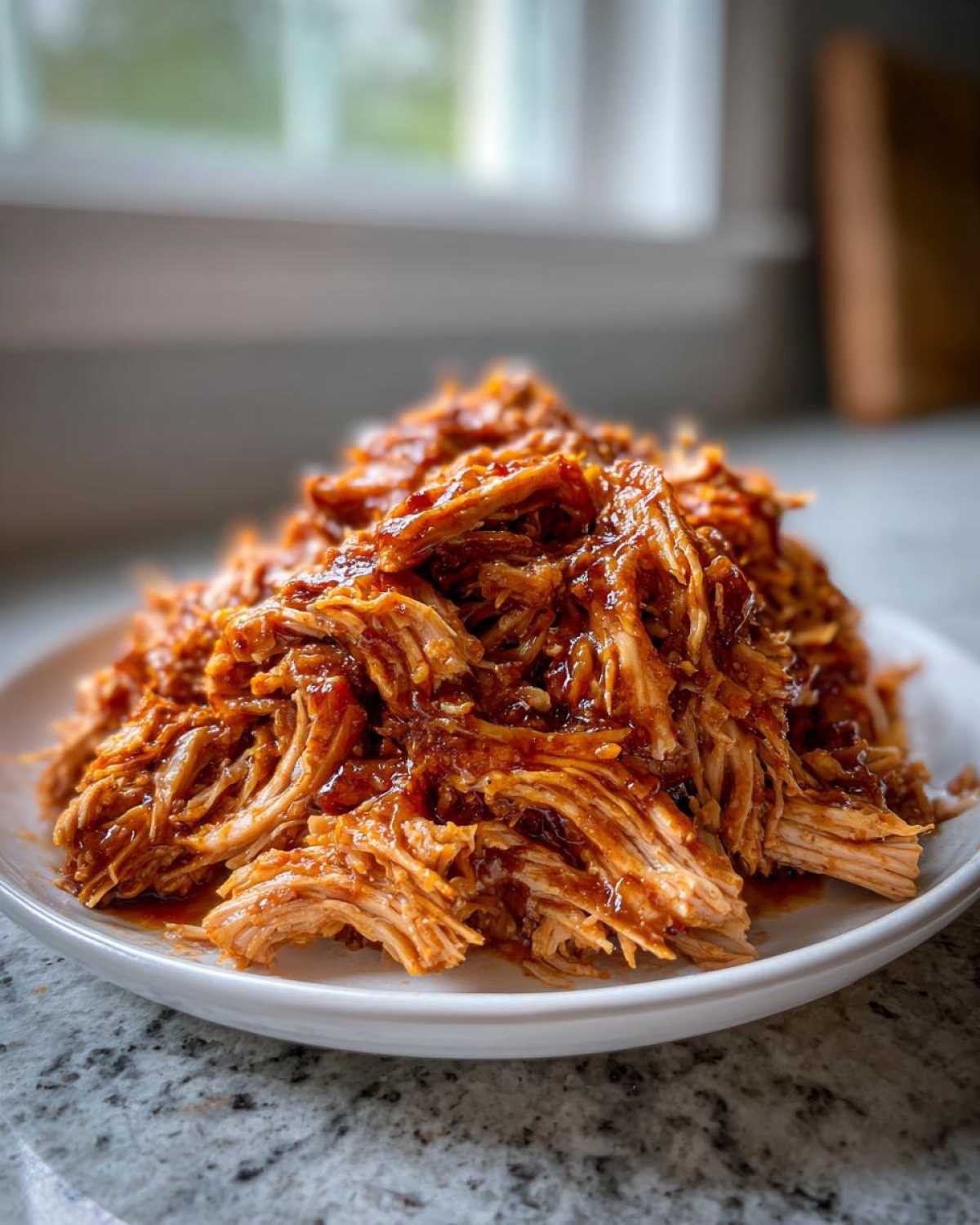 Close-up of shredded Slow Cooker Honey Garlic Pulled Pork piled high on a white plate.