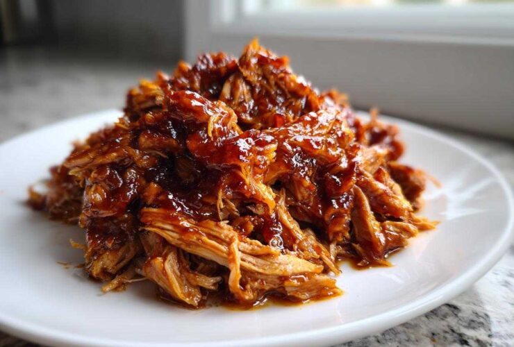 A mound of shredded, saucy Slow Cooker Honey Garlic Pulled Pork served on a white plate.