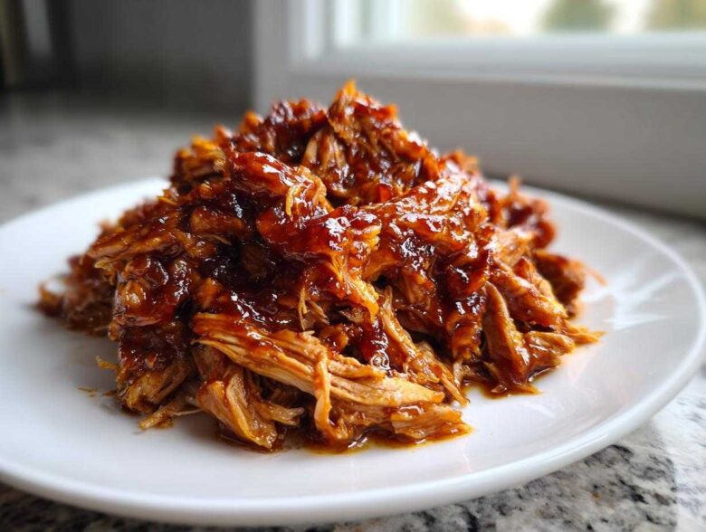 A mound of shredded, saucy Slow Cooker Honey Garlic Pulled Pork served on a white plate.