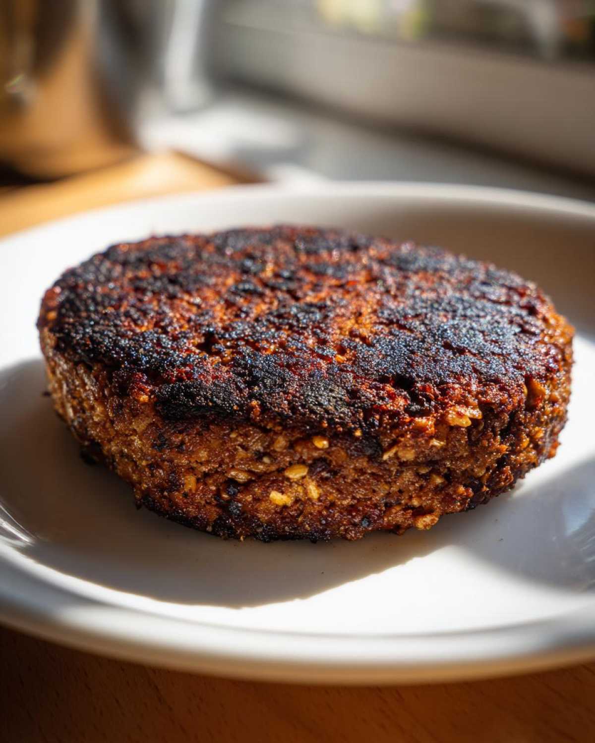 Close-up of a dark, well-seared Smoky Black Bean Burger Patty resting on a white plate.