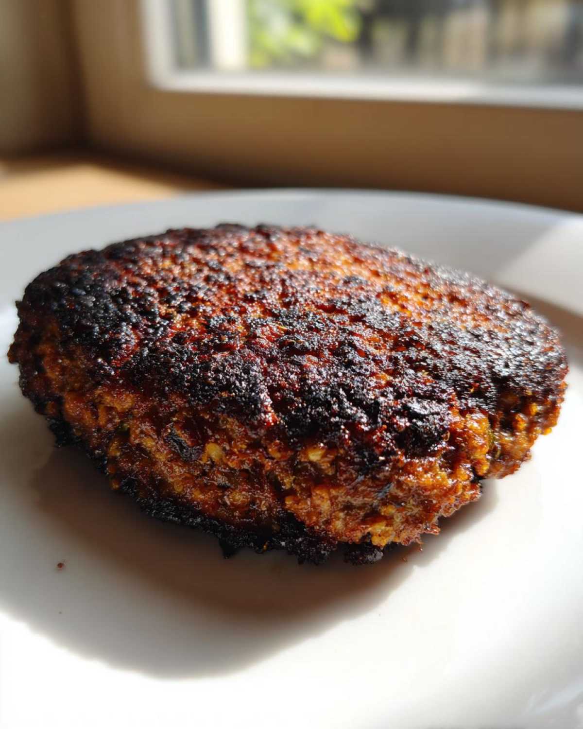 A close-up of a richly browned and slightly charred Smoky Black Bean Burger Patty resting on a white plate.