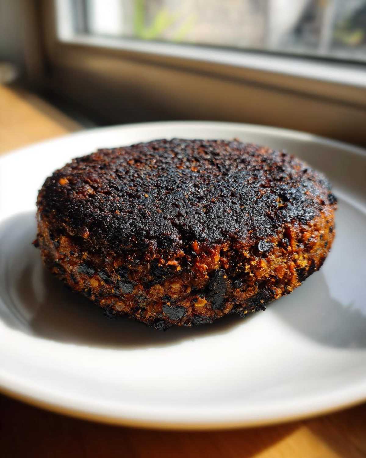 A close-up of a dark, well-seared Smoky Black Bean Burger Patty resting on a white plate.