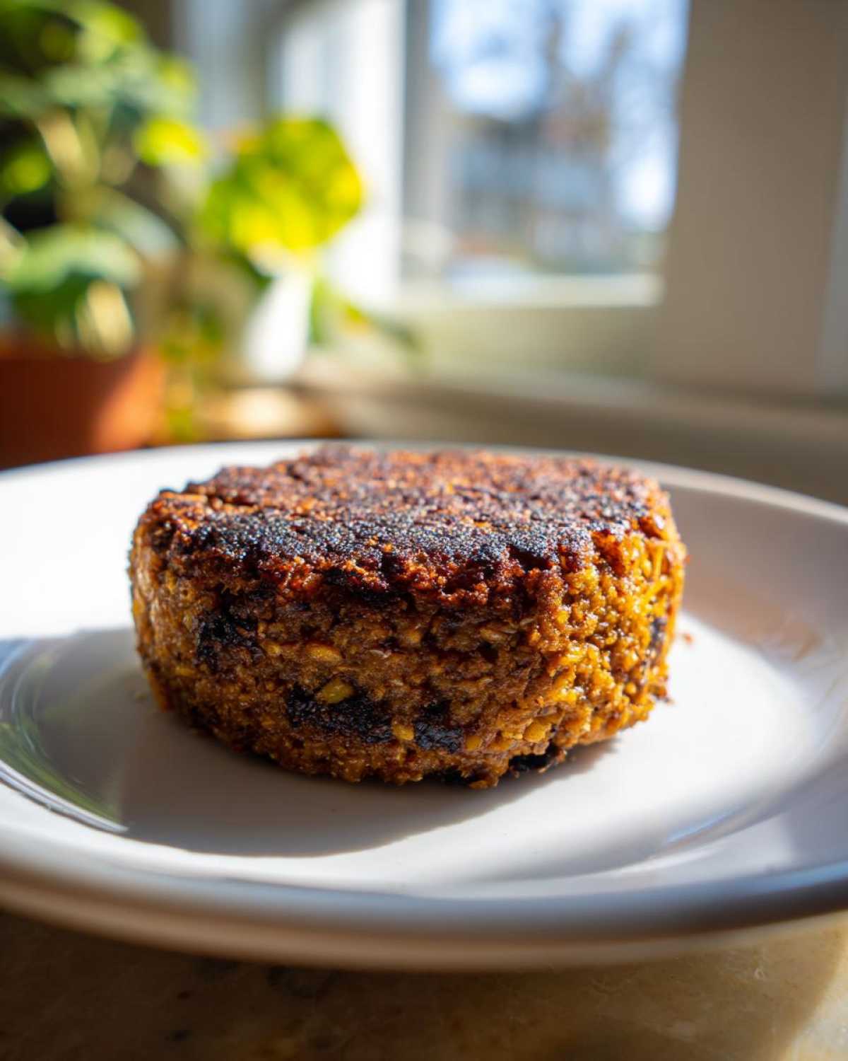 A close-up of a thick, well-seared Smoky Black Bean Burger Patty resting on a white plate.