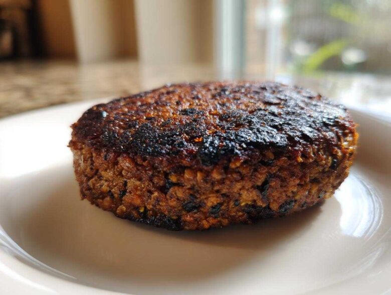 Close-up of a perfectly seared, dark brown Smoky Black Bean Burger Patty resting on a light plate.