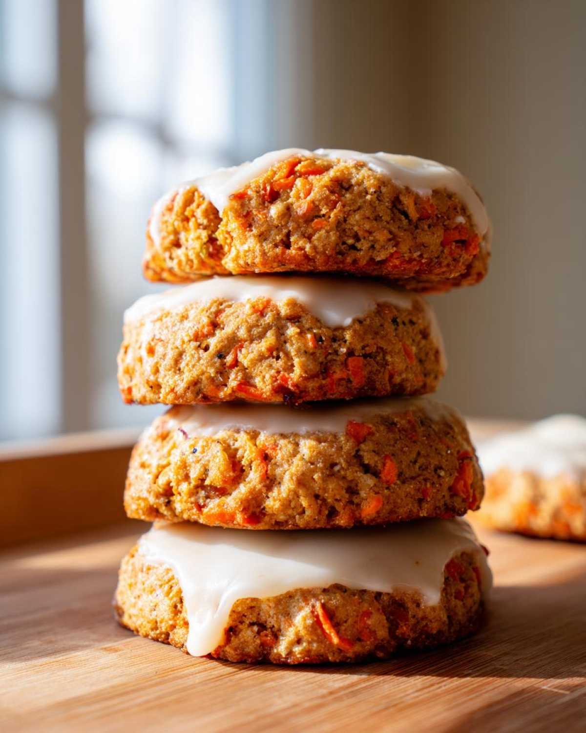 A vertical stack of four Soft-Baked Carrot Cake Cookies topped with thick cream cheese glaze.