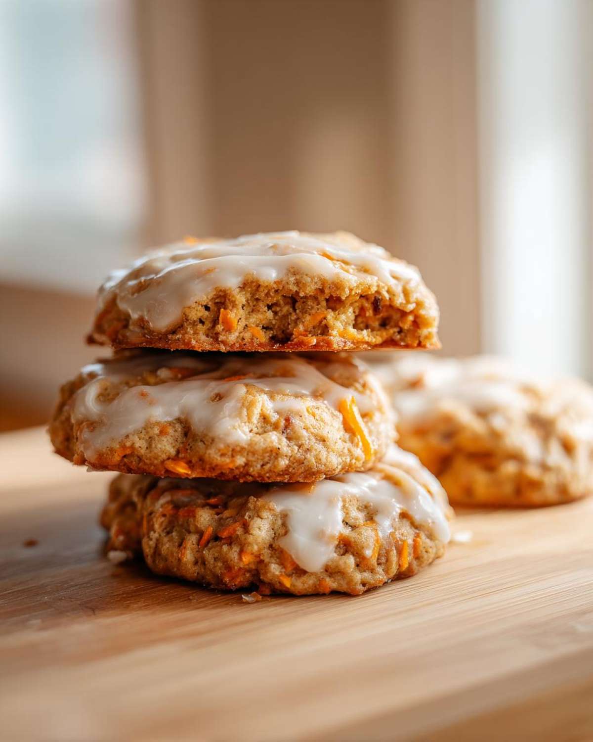 A stack of three Soft-Baked Carrot Cake Cookies topped with a thick cream cheese glaze on a wooden board.