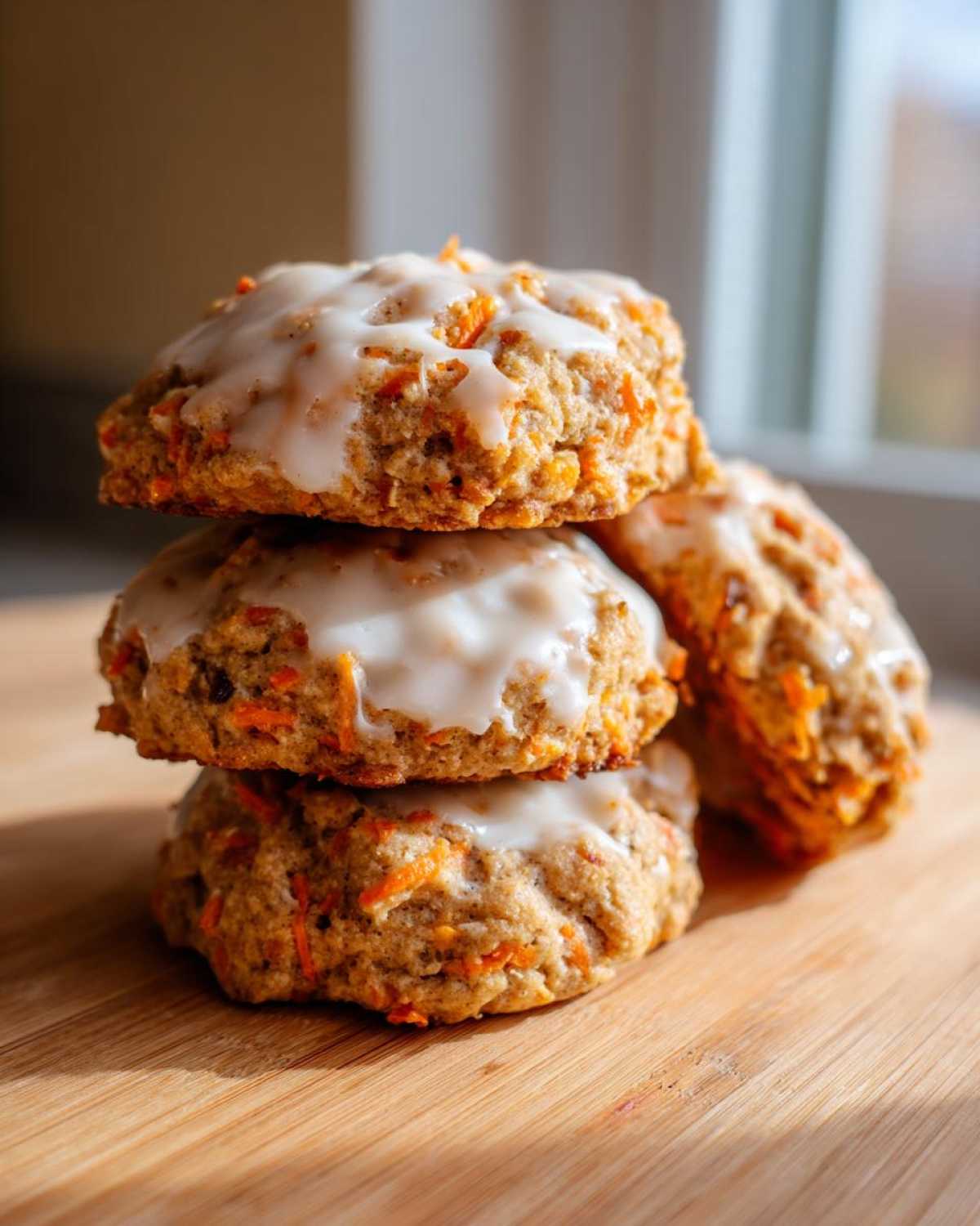 A stack of three Soft-Baked Carrot Cake Cookies topped with a thick cream cheese glaze.