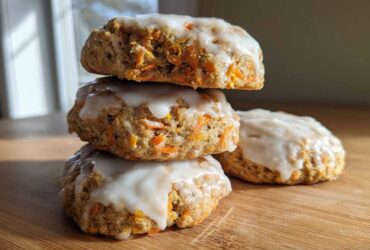 A stack of three Soft-Baked Carrot Cake Cookies with Cream Cheese Glaze, with one cookie resting beside them on a wooden surface.