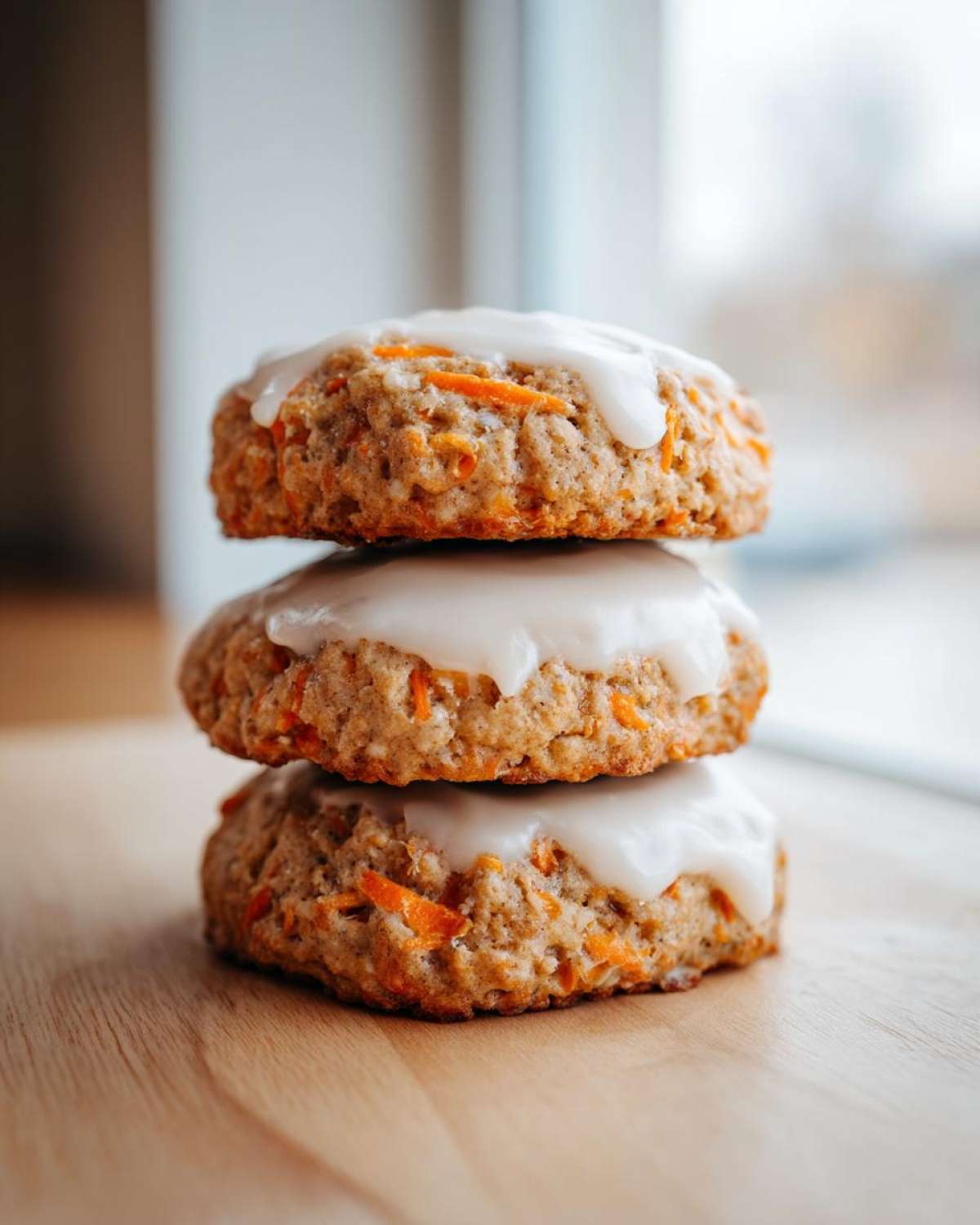 Three stacked Soft-Baked Carrot Cake Cookies topped with thick cream cheese glaze on a wooden surface.