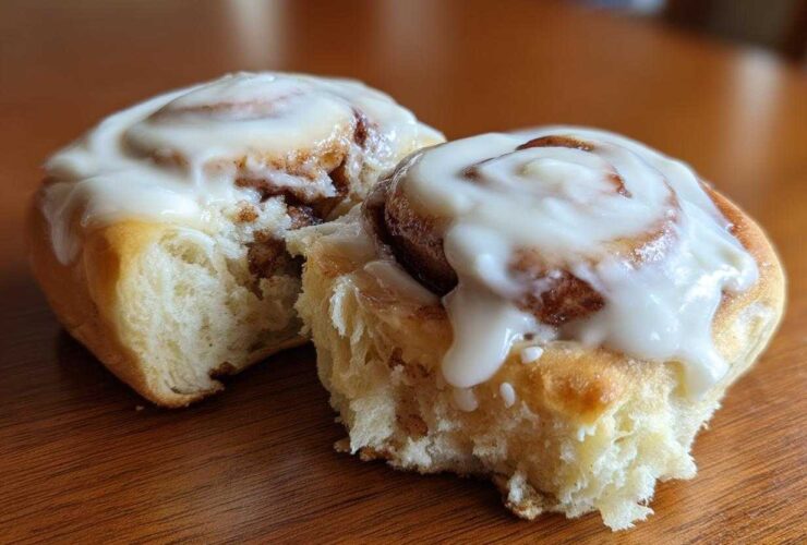 Close-up of two soft Gluten-Free Cinnamon Rolls, one broken open to show the fluffy interior and thick white frosting.