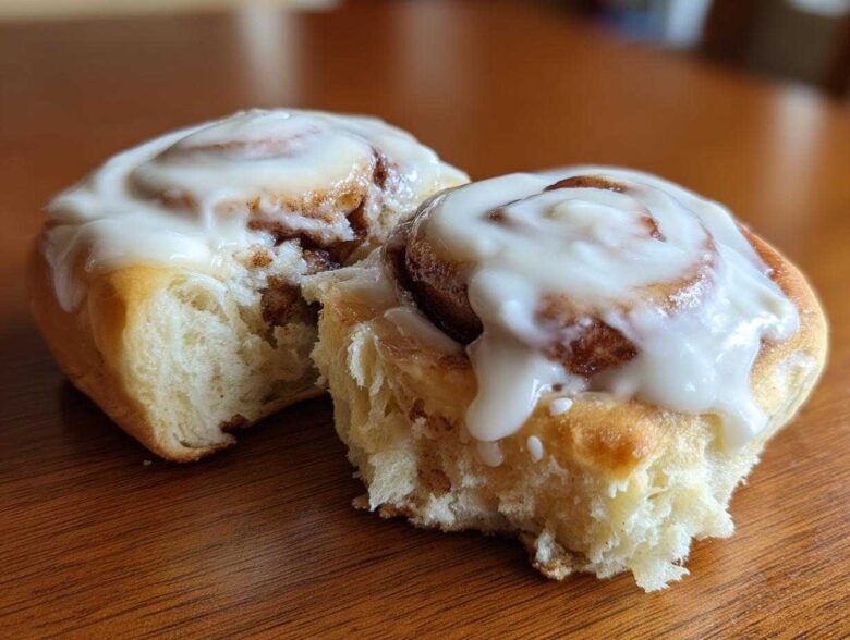 Close-up of two soft Gluten-Free Cinnamon Rolls, one broken open to show the fluffy interior and thick white frosting.