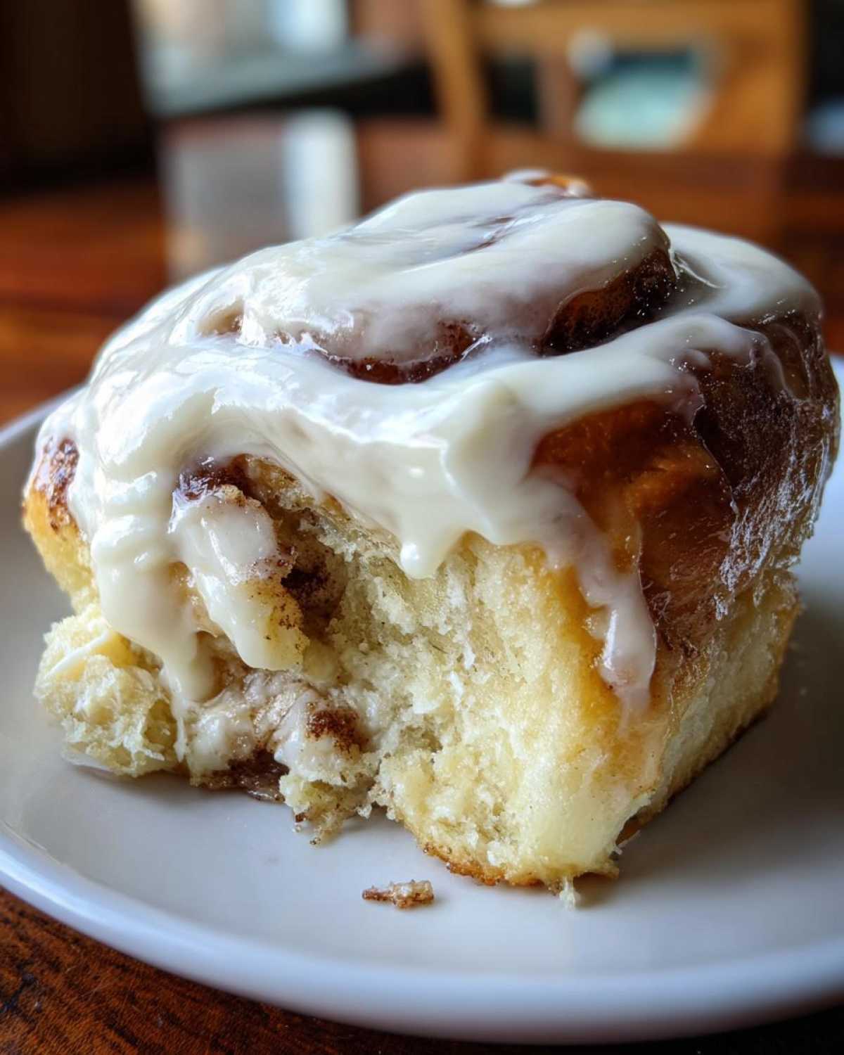 A close-up of a soft Gluten-Free Cinnamon Roll with a bite taken out, generously covered in white cream cheese icing.