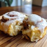 Close-up of a soft Gluten-Free Cinnamon Roll pulled apart, showing the fluffy interior and thick white icing.
