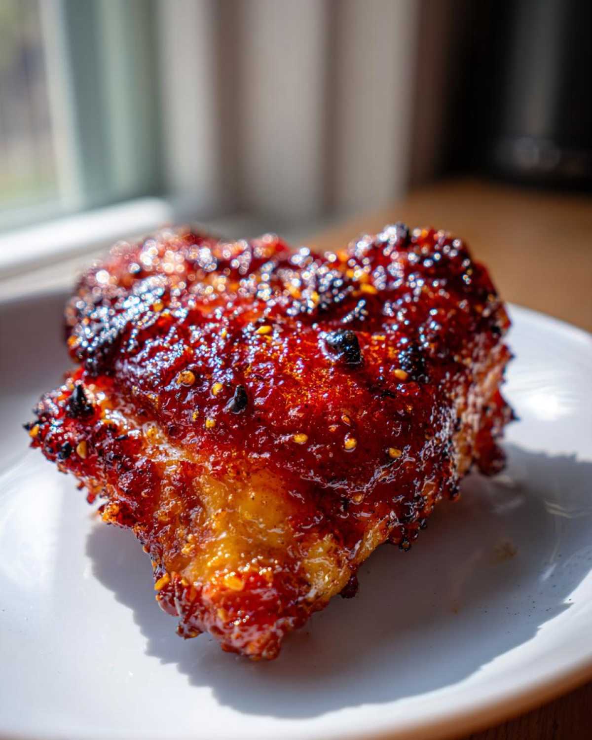 Close-up of a single, juicy Spicy Honey Garlic Air Fryer Chicken Thigh with a dark, caramelized glaze.