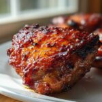 Close-up of a juicy, glazed Spicy Honey Garlic Air Fryer Chicken Thighs piece with caramelized edges.