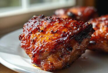 Close-up of a juicy, glazed Spicy Honey Garlic Air Fryer Chicken Thighs piece with caramelized edges.