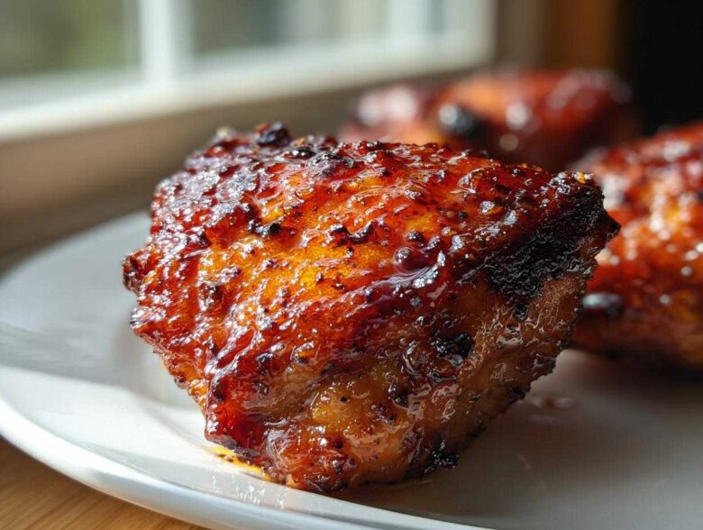 Close-up of a juicy, glazed Spicy Honey Garlic Air Fryer Chicken Thighs piece with caramelized edges.