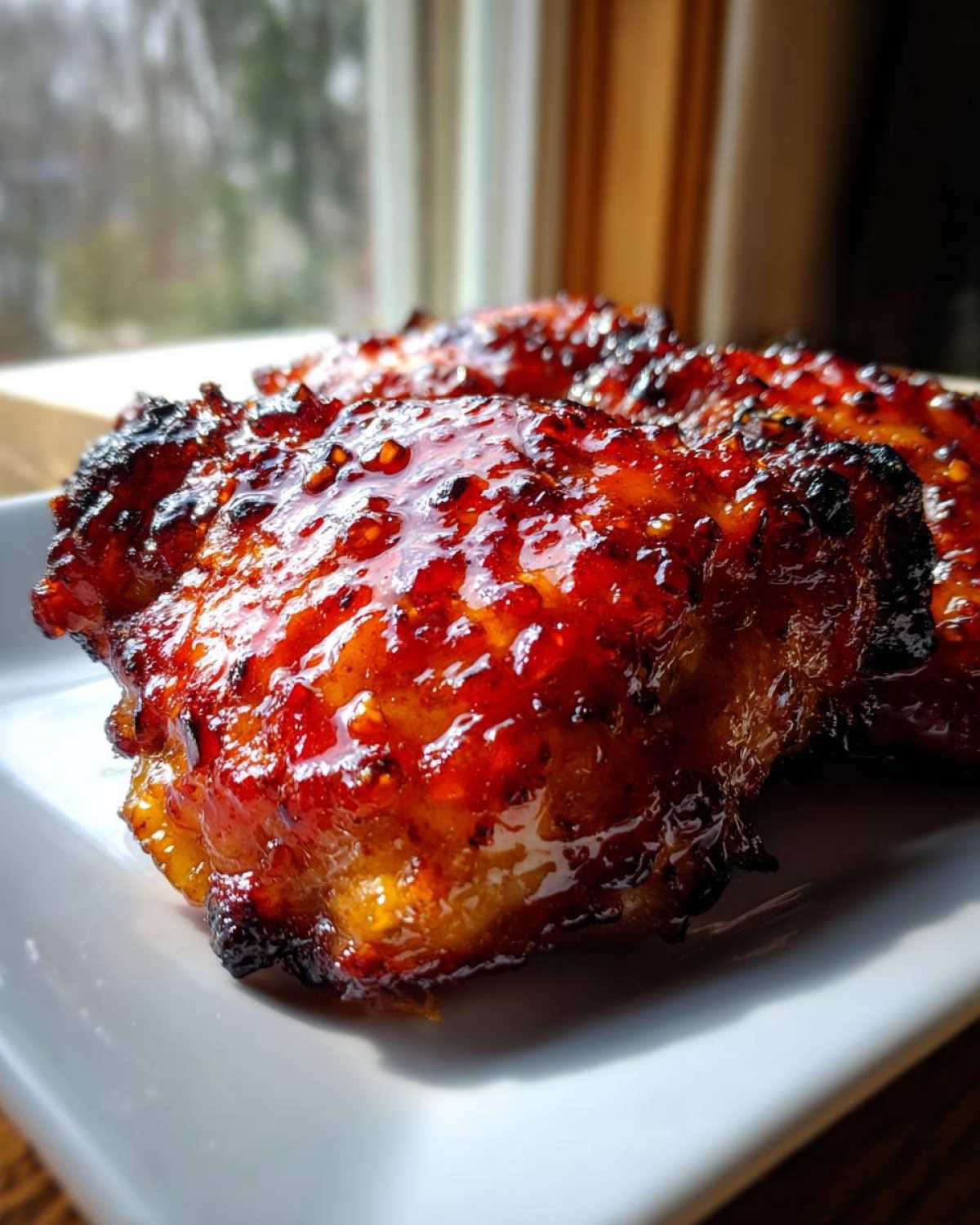 Close-up of juicy Spicy Honey Garlic Air Fryer Chicken Thighs with a sticky, caramelized glaze.