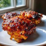 Close-up of three juicy Spicy Honey Garlic Air Fryer Chicken Thighs with a sticky, caramelized glaze.
