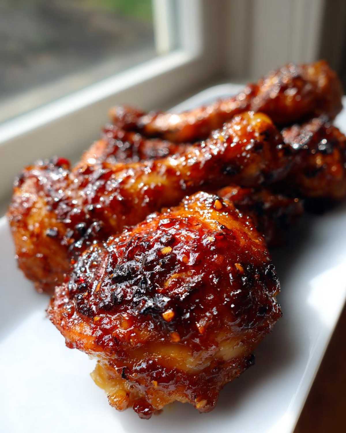 Close-up of several juicy Spicy Honey Garlic Air Fryer Chicken Thighs glistening with glaze.